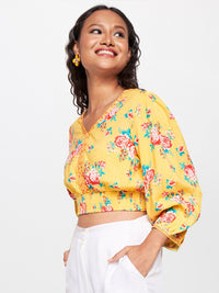 Global Desi Floral Printed Puff Sleeves Crop Blouson Top