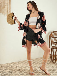 Berrylush Printed Tasselled Longline Shrug