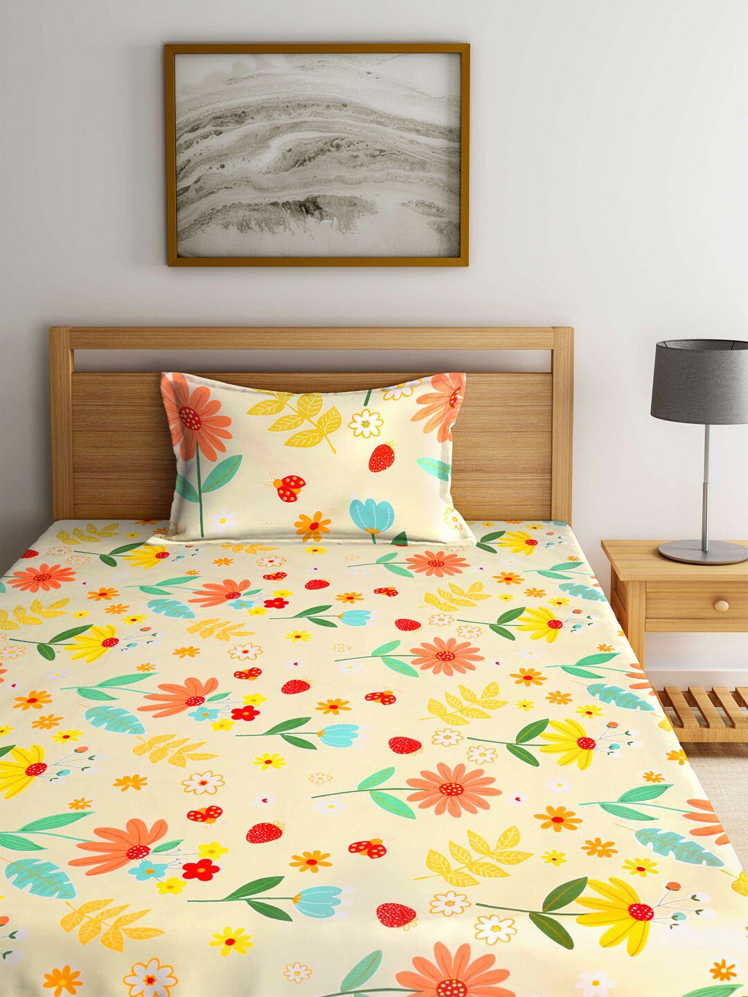 KLOTTHE Yellow Geometric Polycotton 210 TC Single Denda 2 Cadar dengan 2 Sarung Bantal-89 x 59 inci