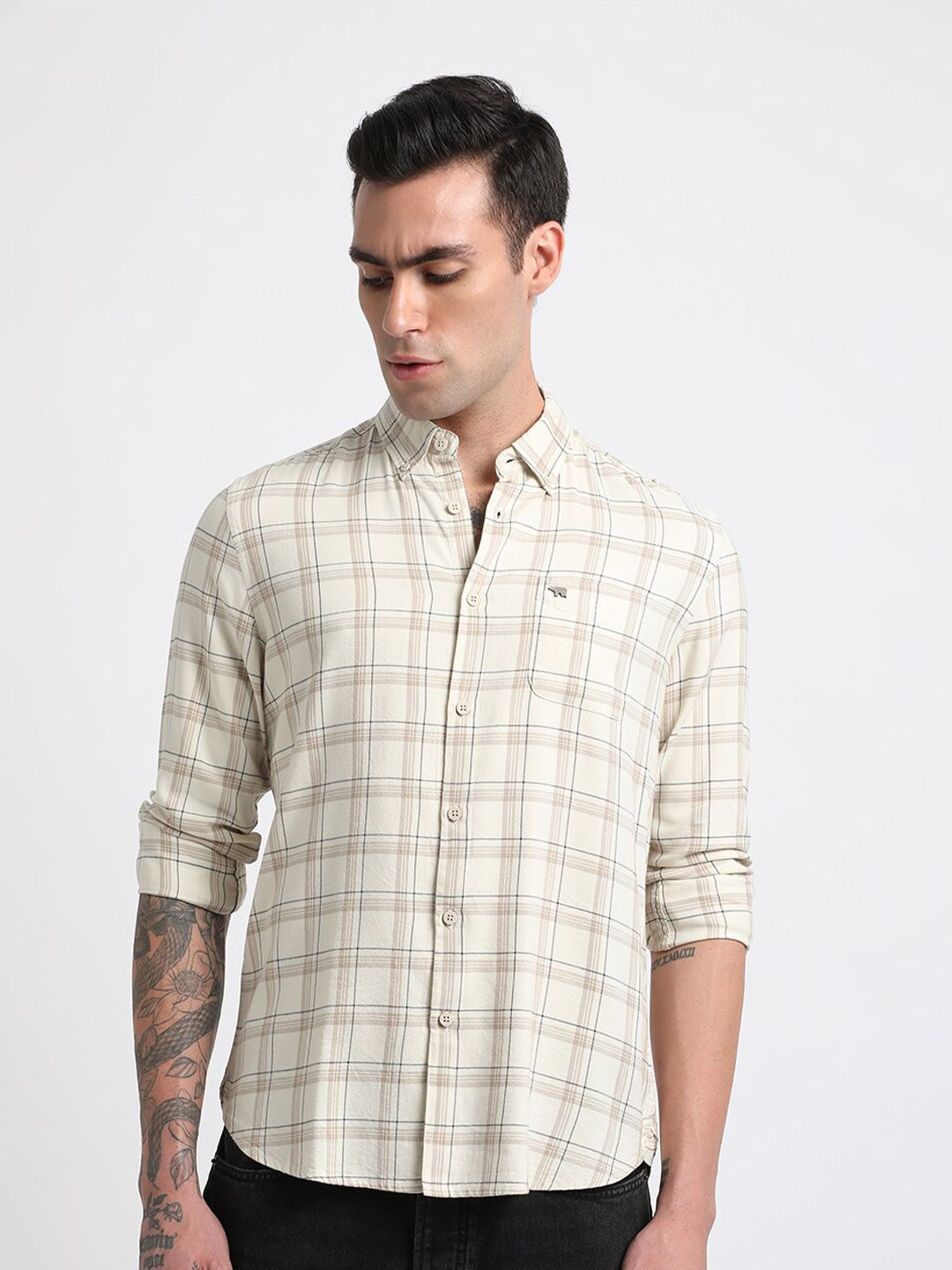 THE BEAR HOUSE Slim Fit Tartan Checks Pure Cotton Casual Shirt