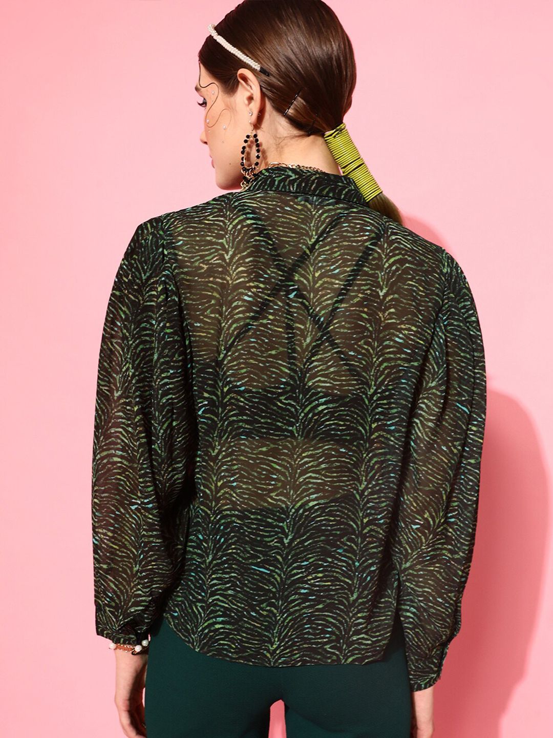STREET 9 Women Green Comfort Boxy Sheer Printed Casual Shirt