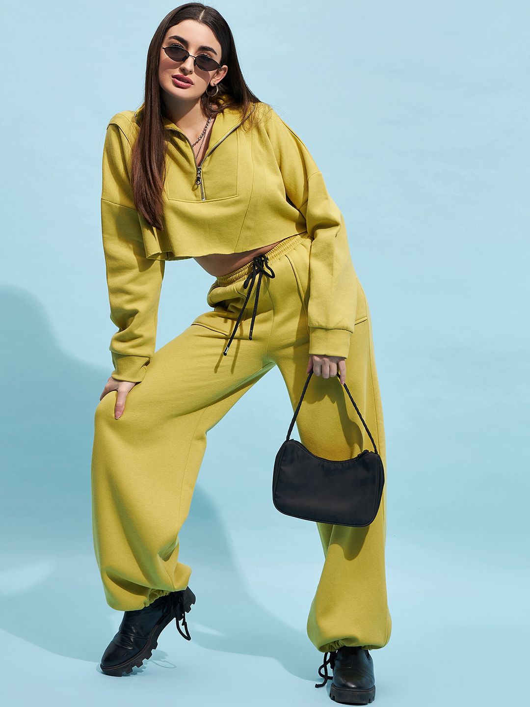 STREET 9 Lime Green Mock Collar Pure Cotton Crop Sweatshirt