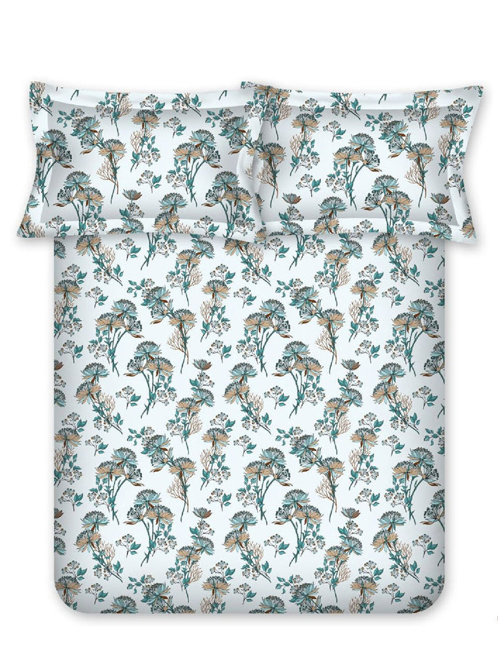BOMBAY DYEING Green & White Floral Cotton 140 TC Queen Bedsheet Set-2.28 m X 2.54 m