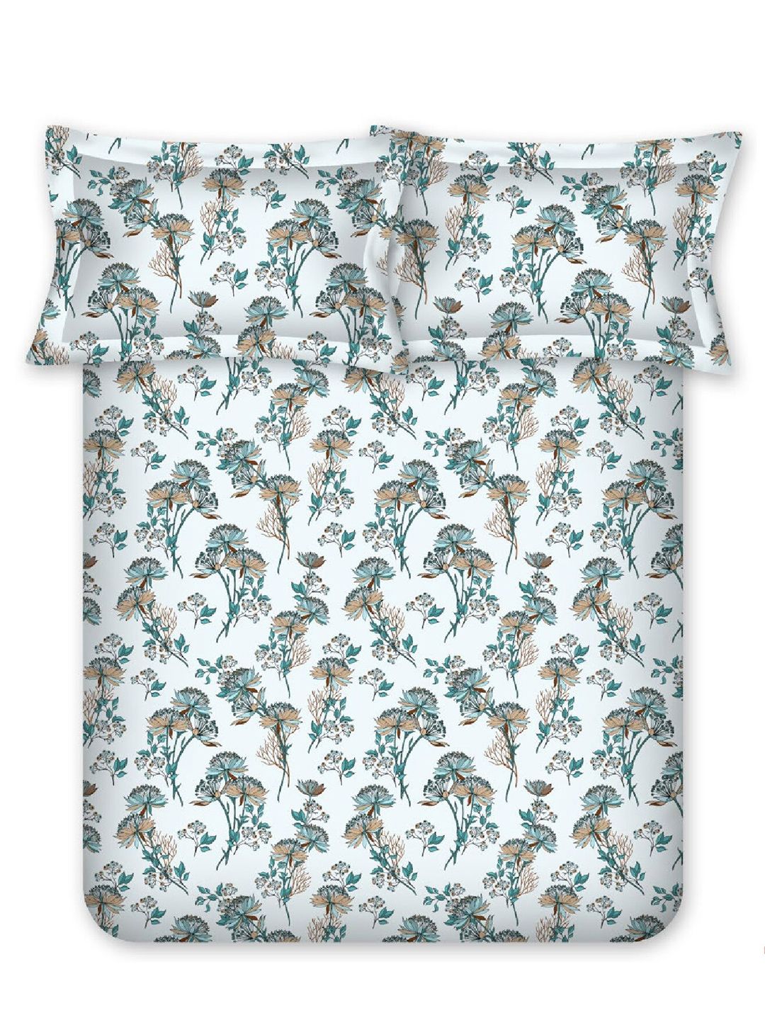 BOMBAY DYEING Green & White Floral Cotton 140 TC Queen Bedsheet Set-2.28 m X 2.54 m
