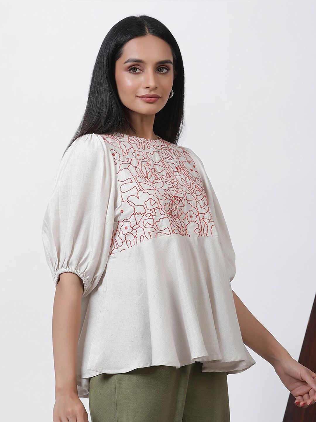 W Embroidered Puffed Sleeves A-Line Top