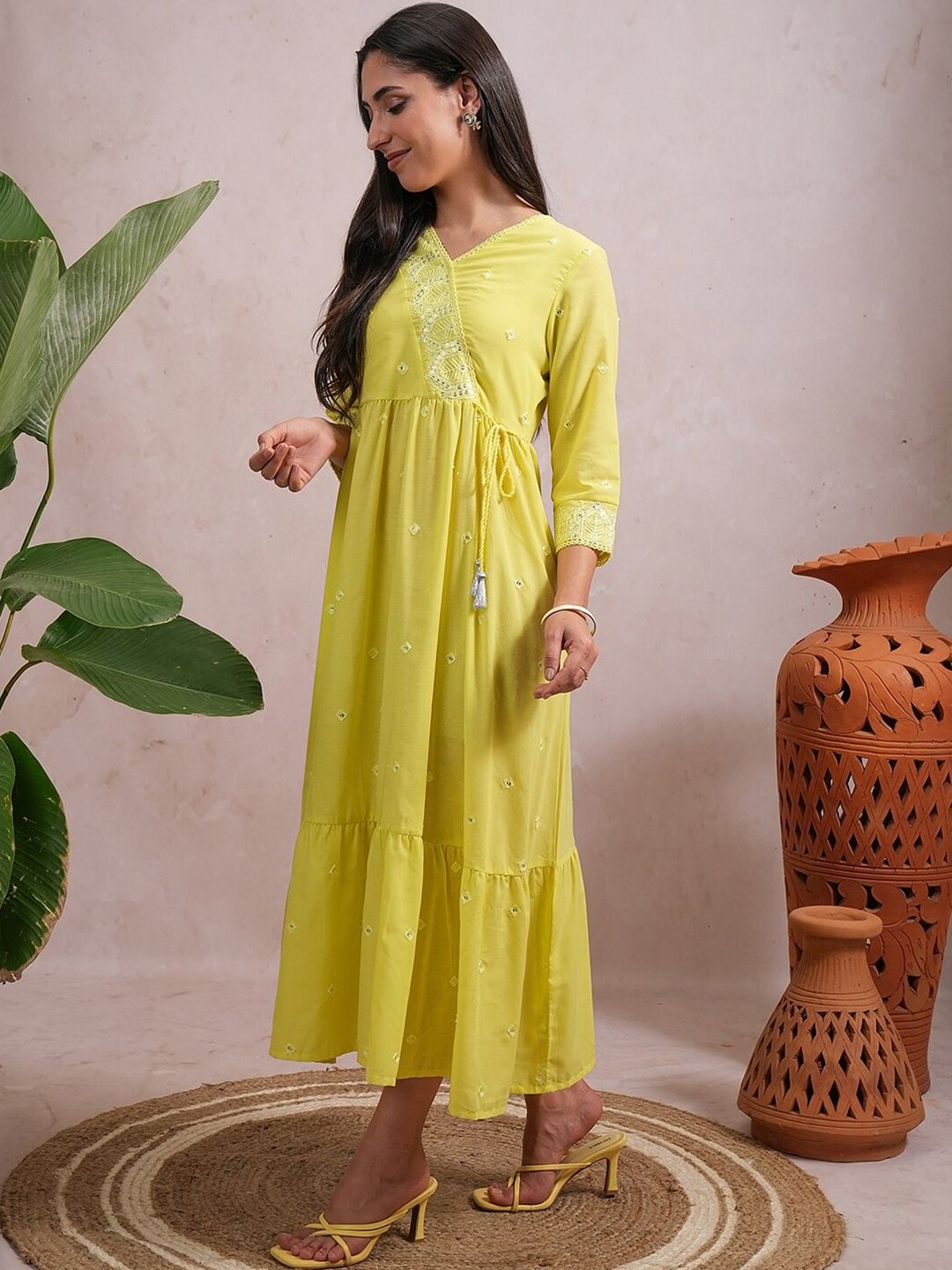 Vishudh Floral Embroidered Gathered  A Line Midi Dress