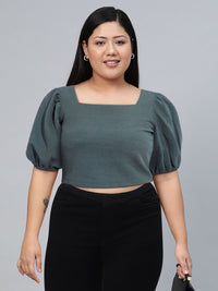 Tokyo Talkies Green Square Neck Puffed Sleeves Crop Top
