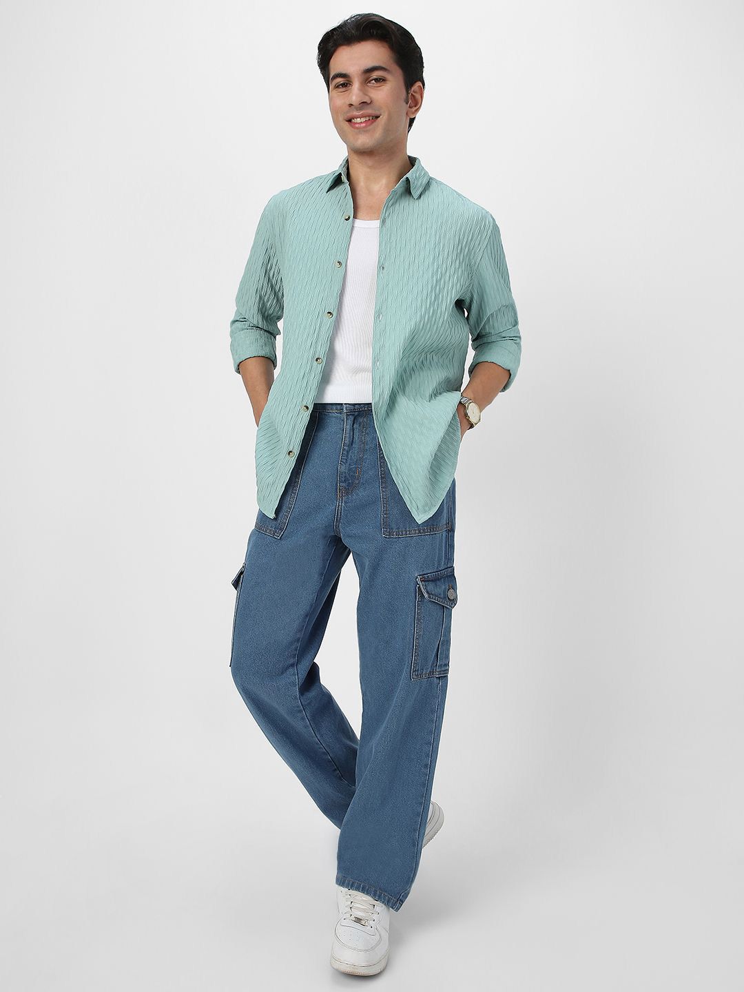 Urbano Fashion Men Spread Collar Textured Cotton Casual Shirt