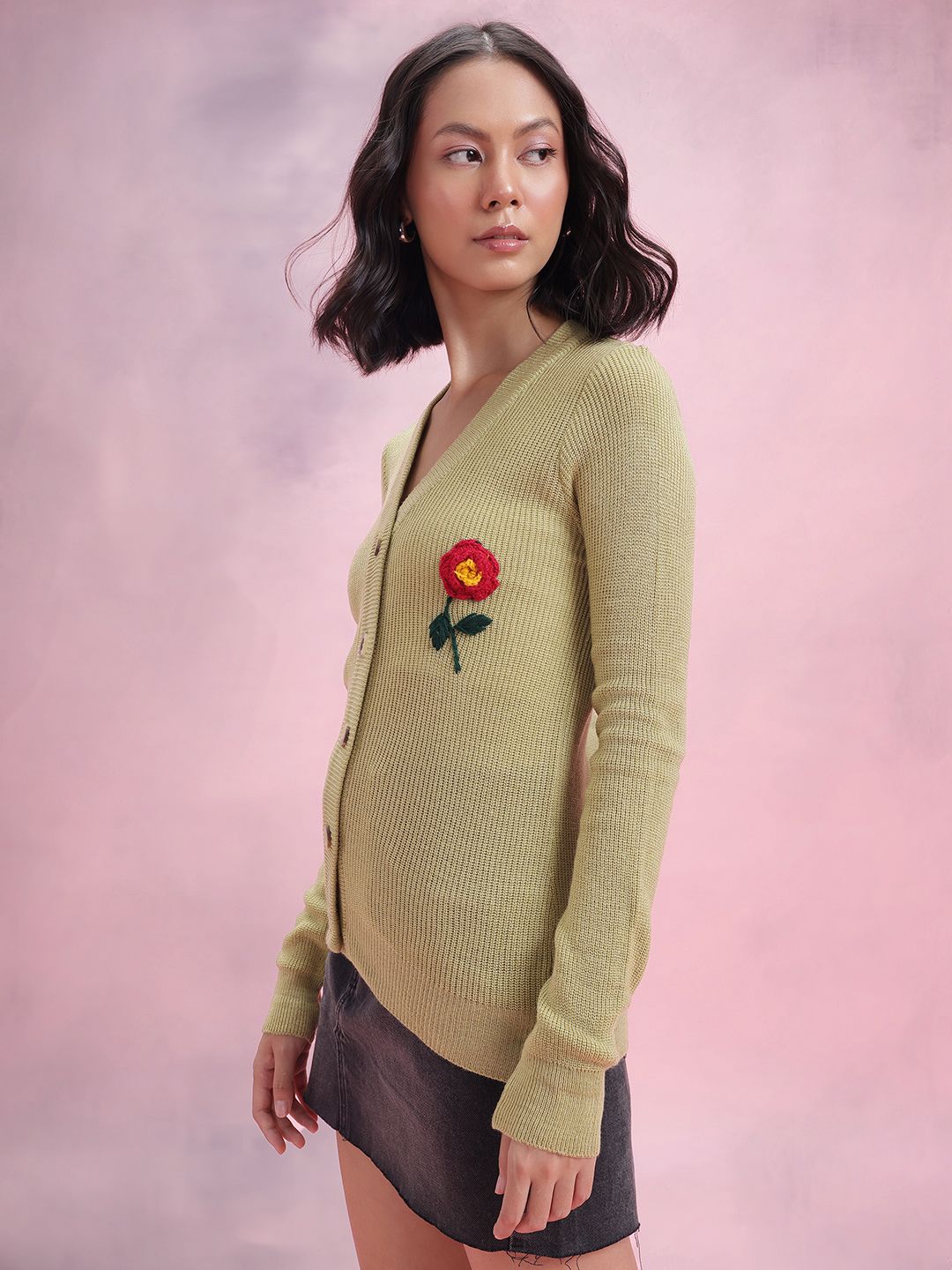 DressBerry Floral Embroidered Ribbed Acrylic Cardigan