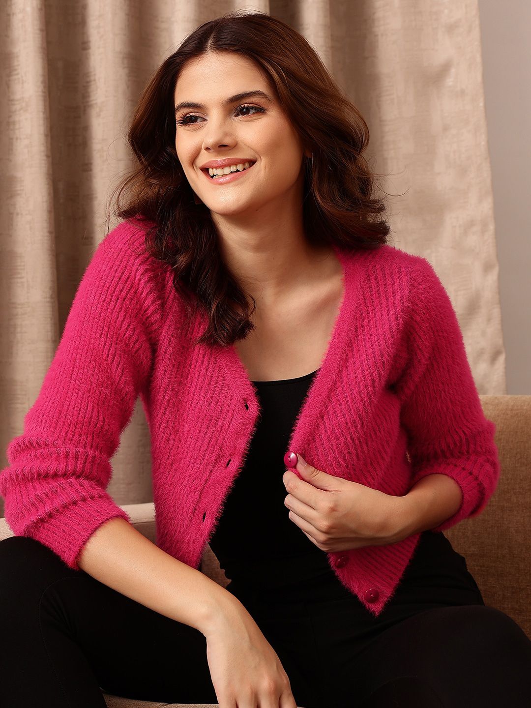 STREET 9 V-Neck Ribbed Button Detail Acrylic Cardigan Sweater