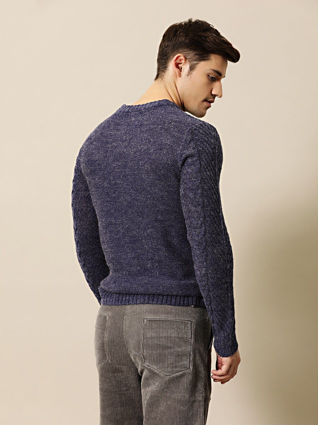 Mr Bowerbird Men Navy Blue Self Design Pullover Sweater