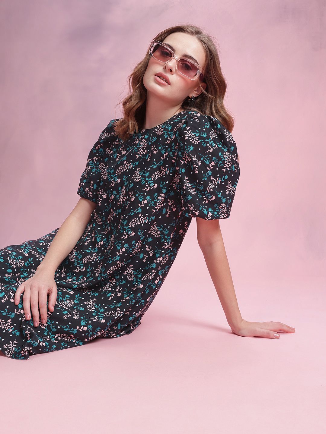 DressBerry Floral Print Puff Sleeve A-Line Dress