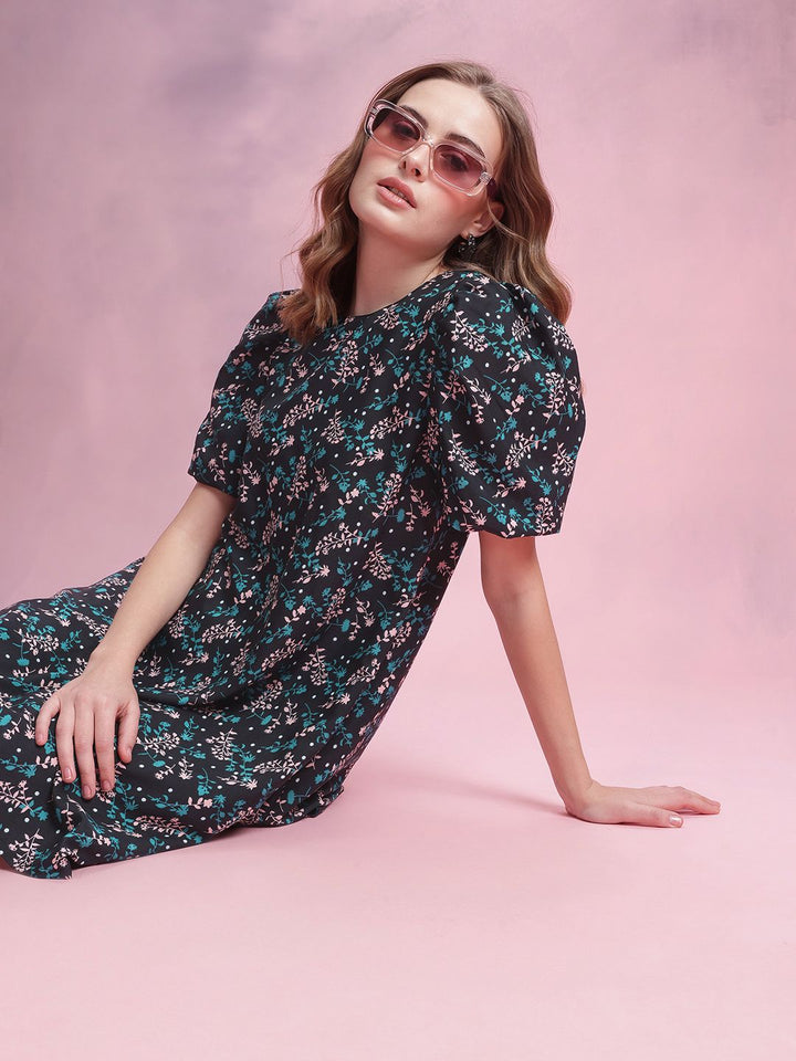 DressBerry Floral Print Puff Sleeve A-Line Dress