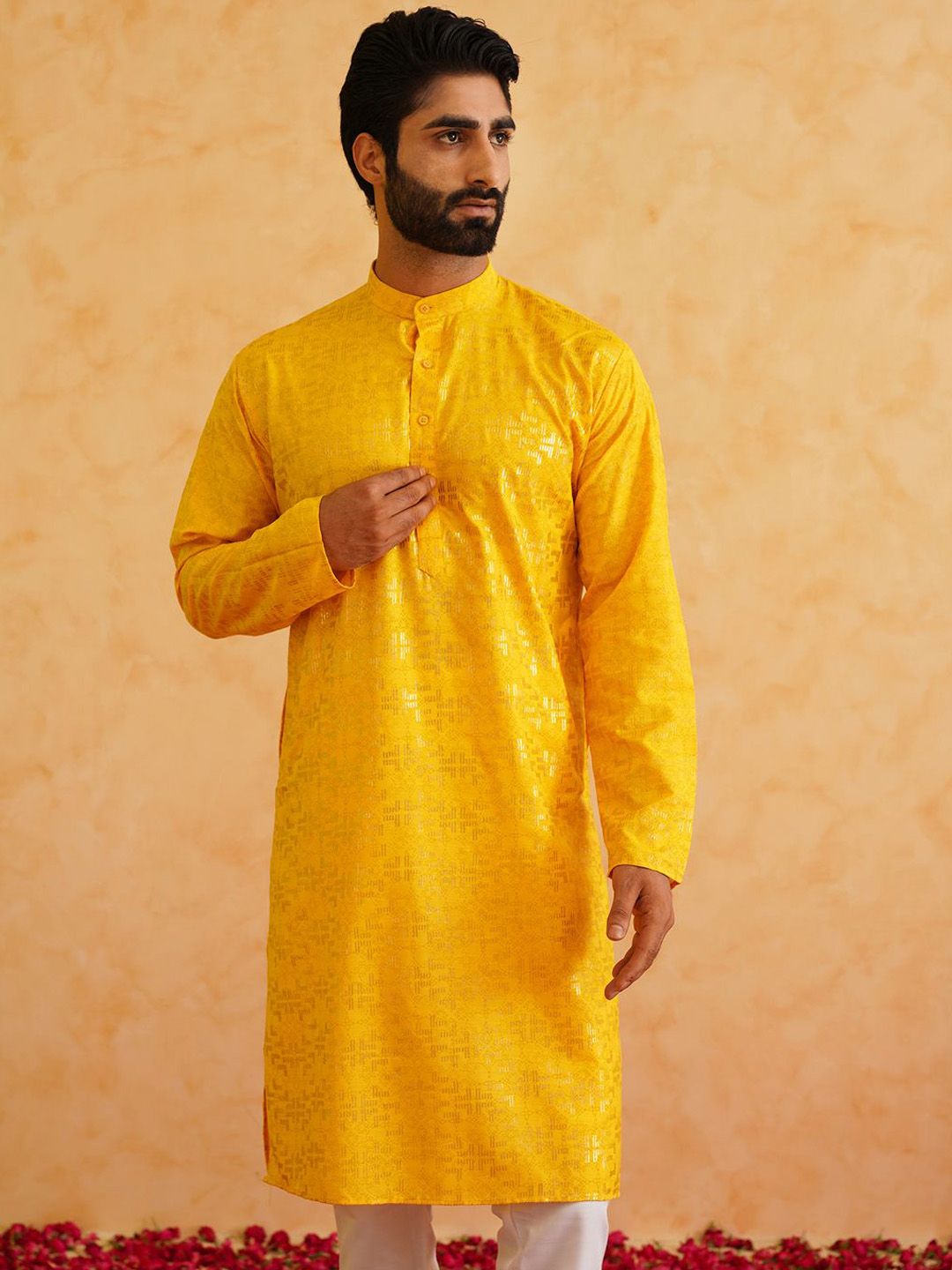 SOJANYA Mandarin Collar Long Sleeves Woven Design Pure Cotton Kurta with Churidar