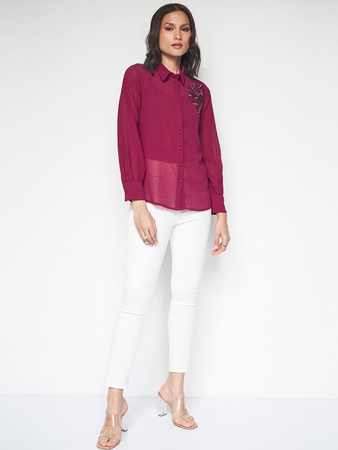 AND Spread Collar Embellished Detail Shirt Style Top