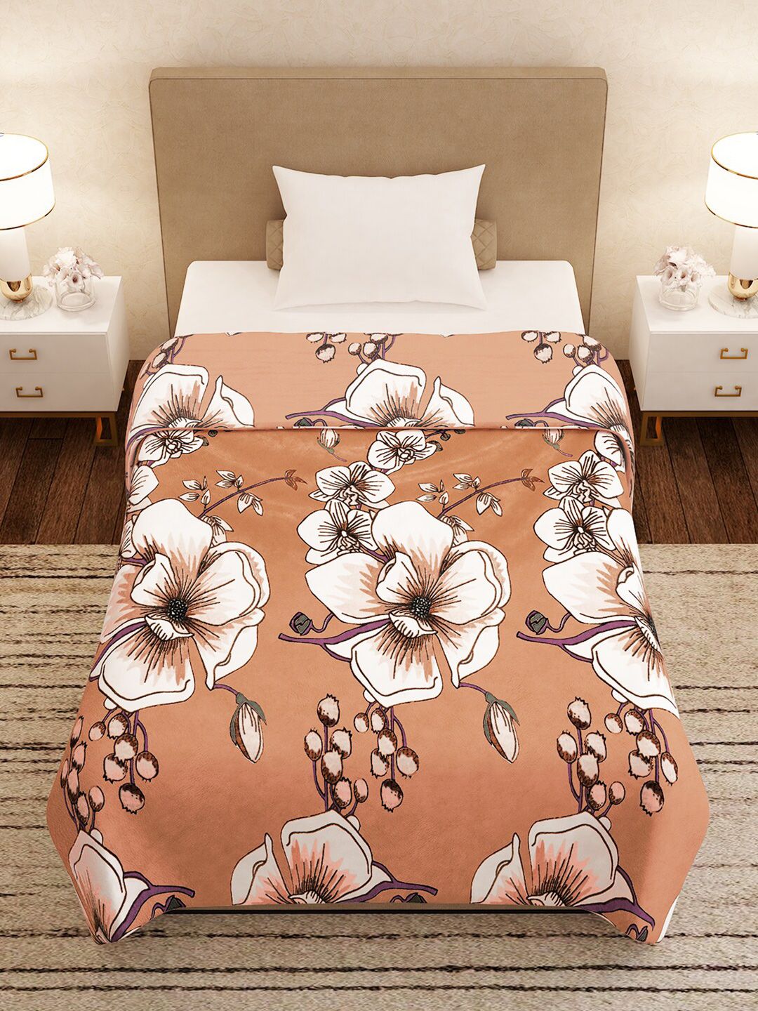 Story@home Brown & White Floral Mild Winter 300 GSM Single Bed Blanket