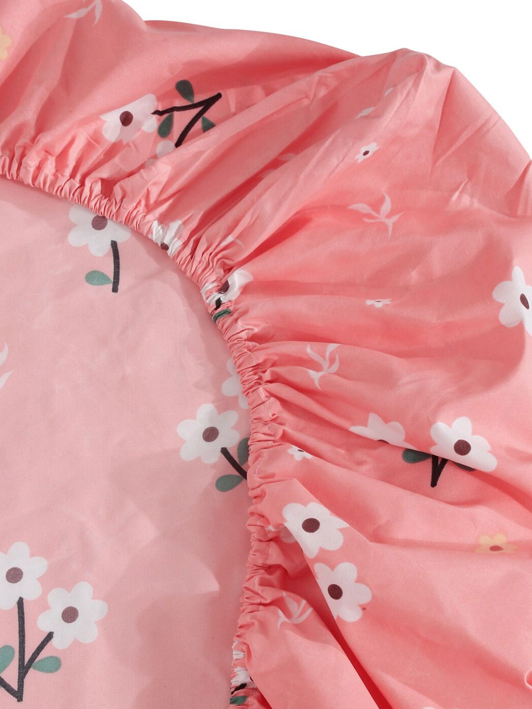 KLOTTHE Pink & White Floral Printed 300TC Fitted Double King Bedsheet With 4 Pillow Cover