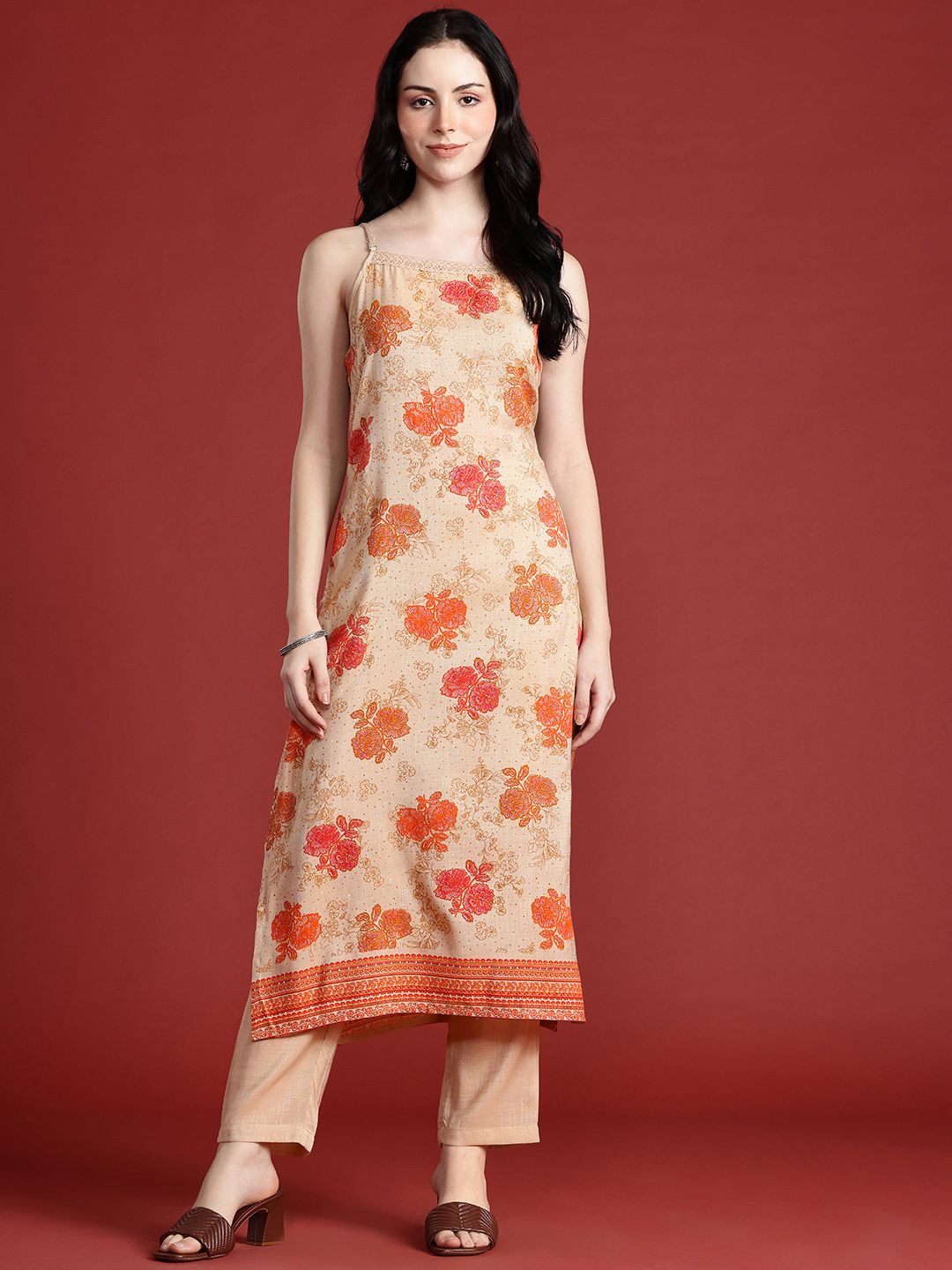 Anouk Floral Printed Shoulder Straps Straight Kurta with Trousers