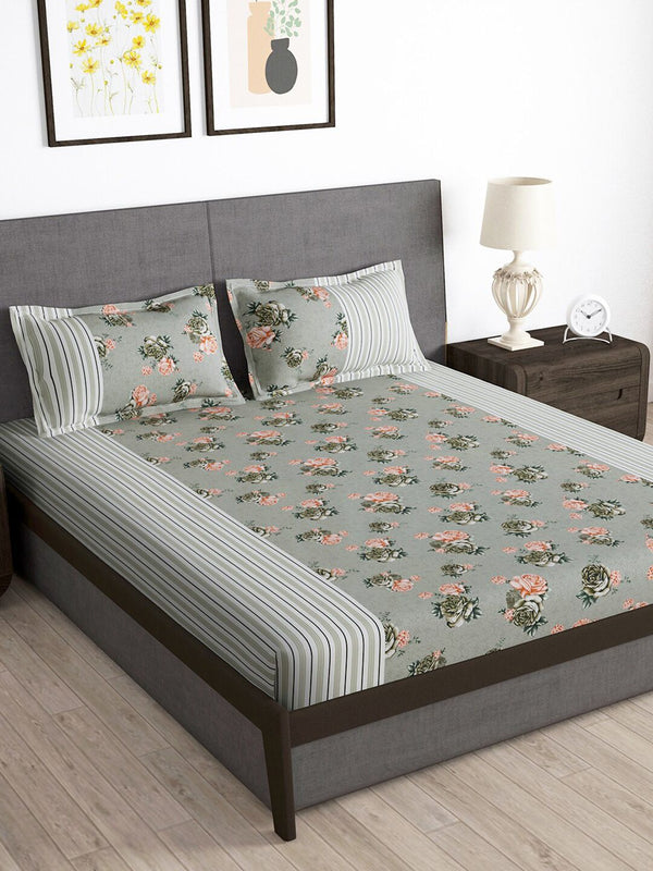 Story@home Grey & Orange Floral 180 TC Queen Bedsheet with 2 Pillow Covers