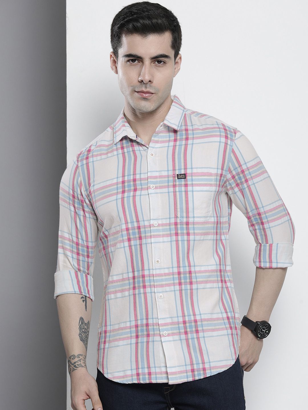 The Indian Garage Co Men Tartan Checked Cotton Casual Shirt
