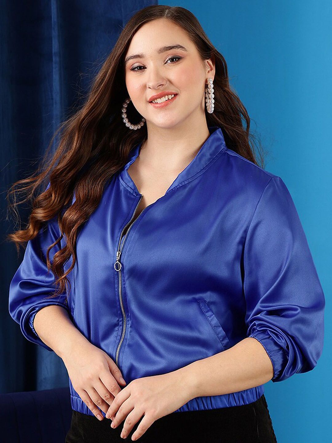 CURVY STREET Plus Size Mock Collar Bomber Jacket