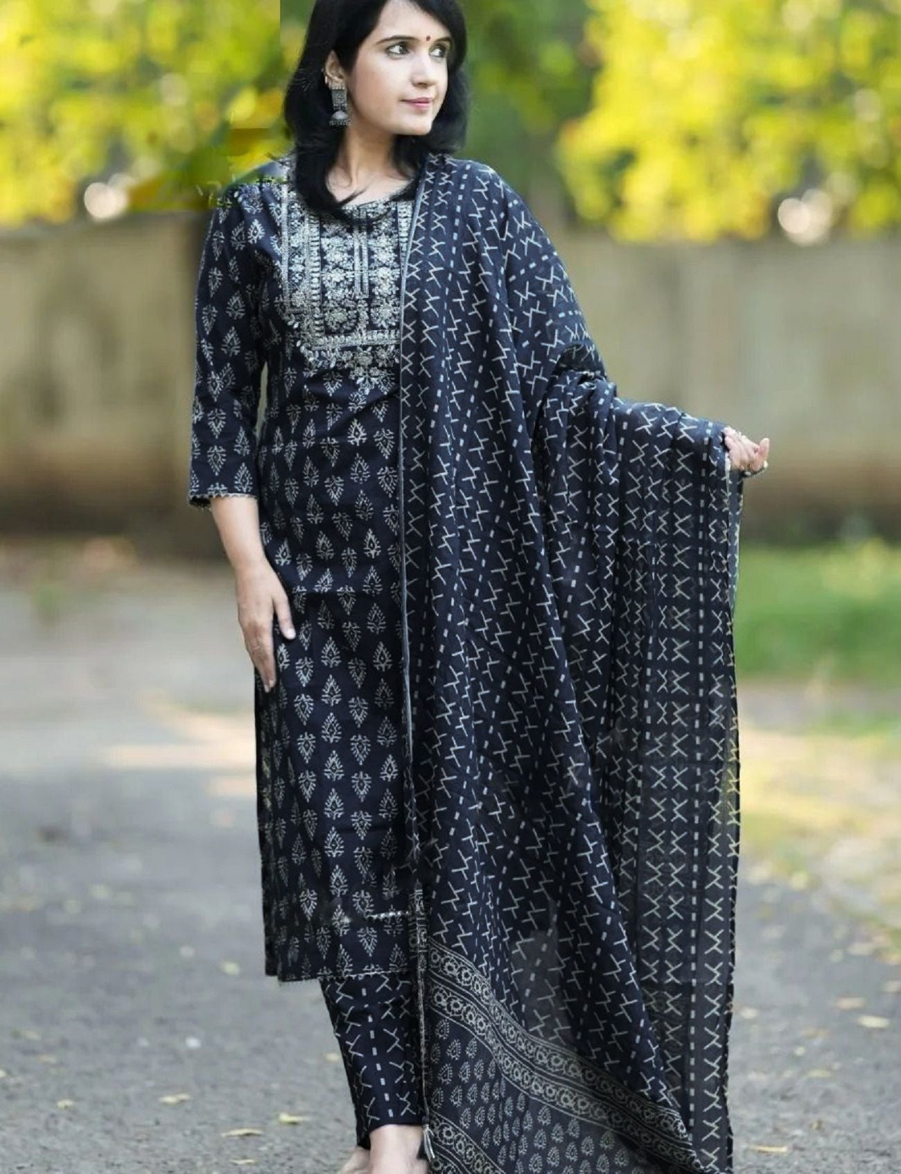 KALINI Women Ethnic Motifs Printed Regular Thread Work Kurta with Trousers & With Dupatta