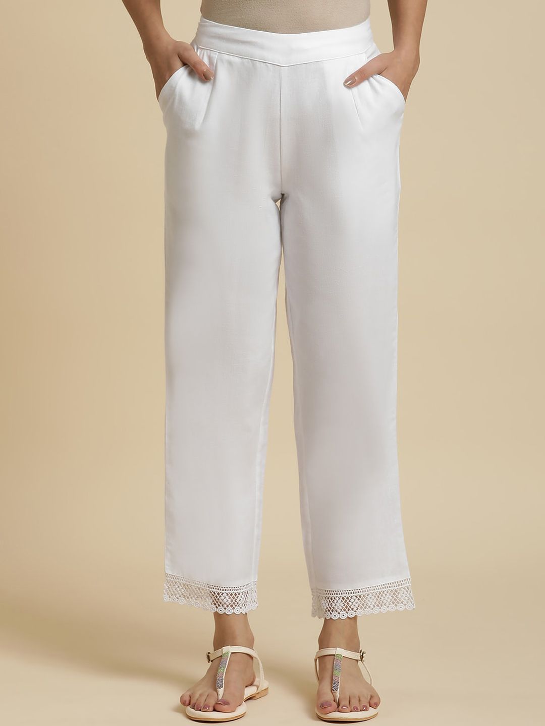 W Plain Straight Fit Mid Rise Cotton Parallel Trousers