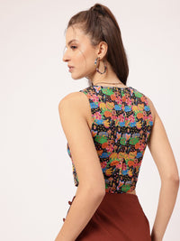 DressBerry Indie Vibes Printed Lace-Up Waistcoat Style Crop Top