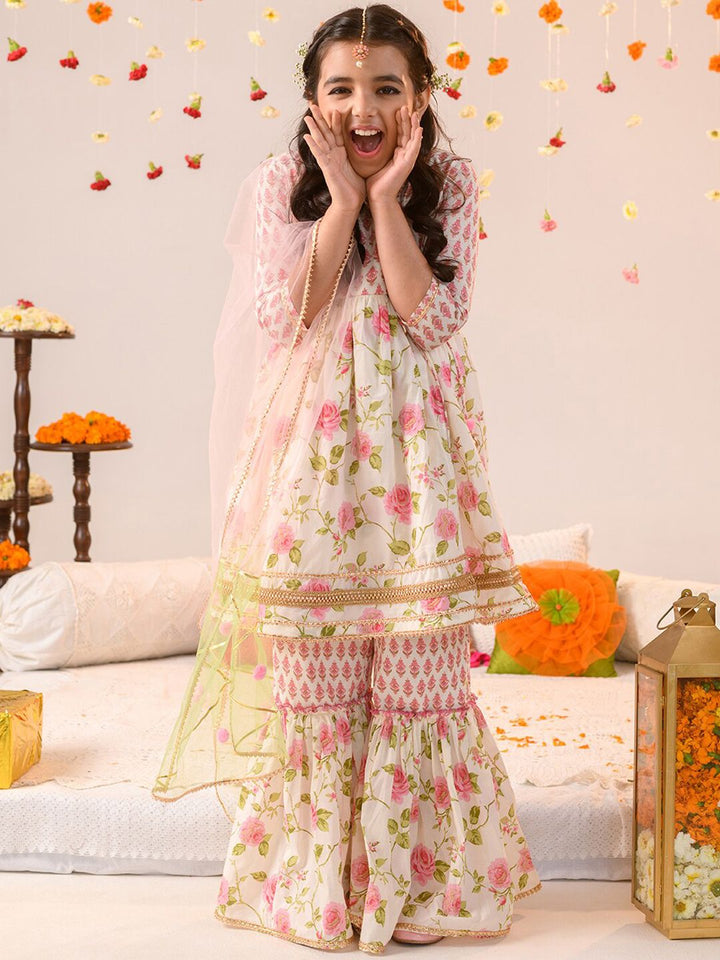 pspeaches Girls Floral Printed Angrakha Pure Cotton A-line Kurta With Sharara & Dupatta