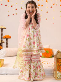 pspeaches Girls Floral Printed Angrakha Pure Cotton A-line Kurta With Sharara & Dupatta