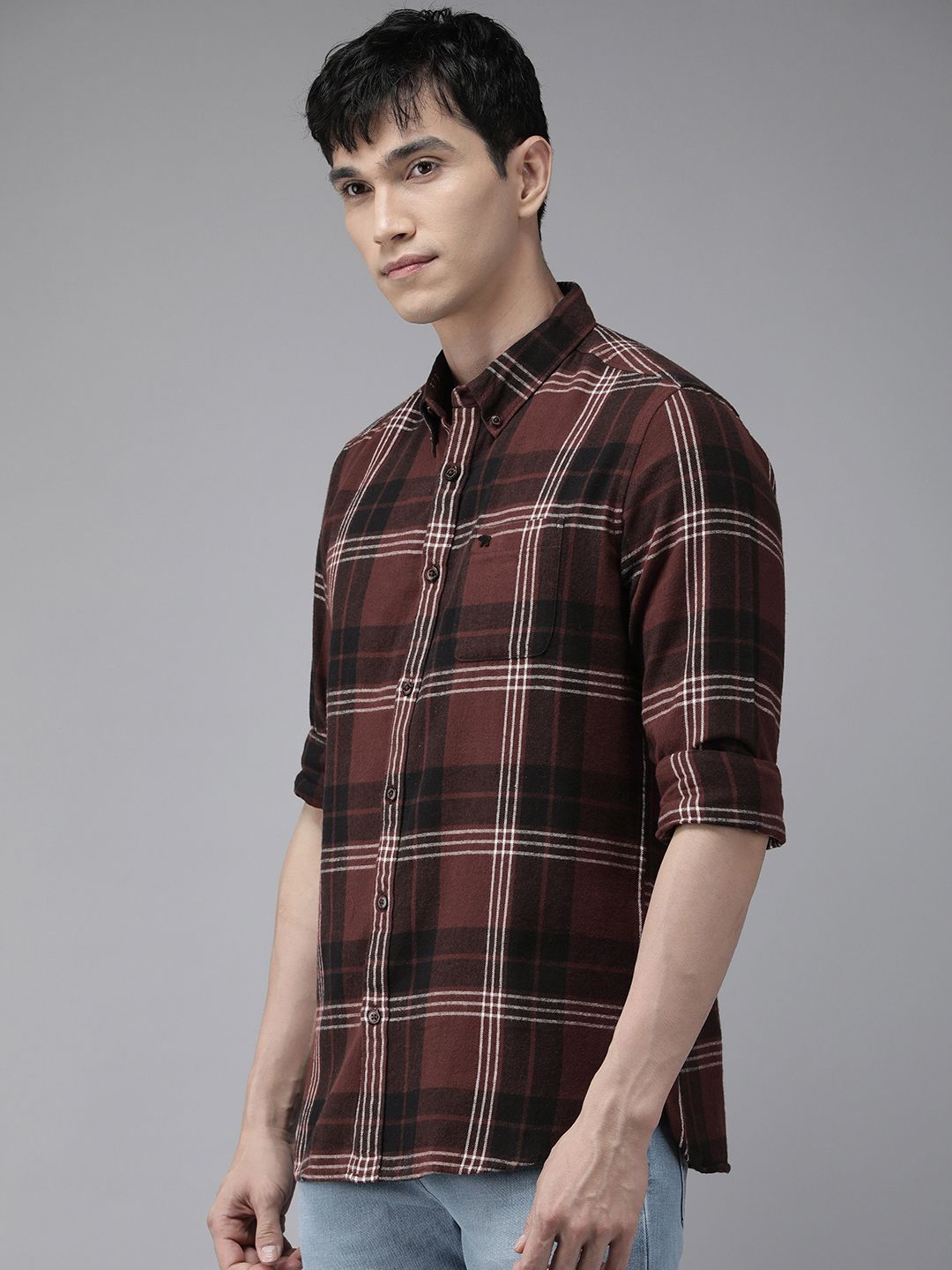 THE BEAR HOUSE Men Brown & Black Slim Fit Tartan Checked Cotton Casual Shirt