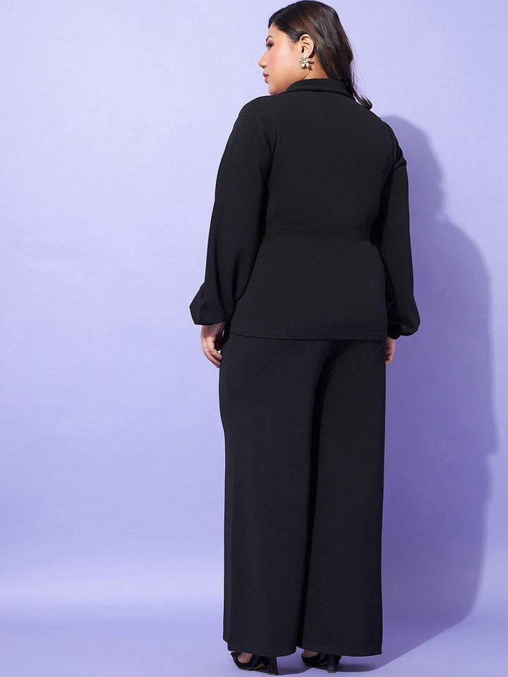 SASSAFRAS Curve Plus Size Lapel Collar Top With Straight Pants Co-Ords