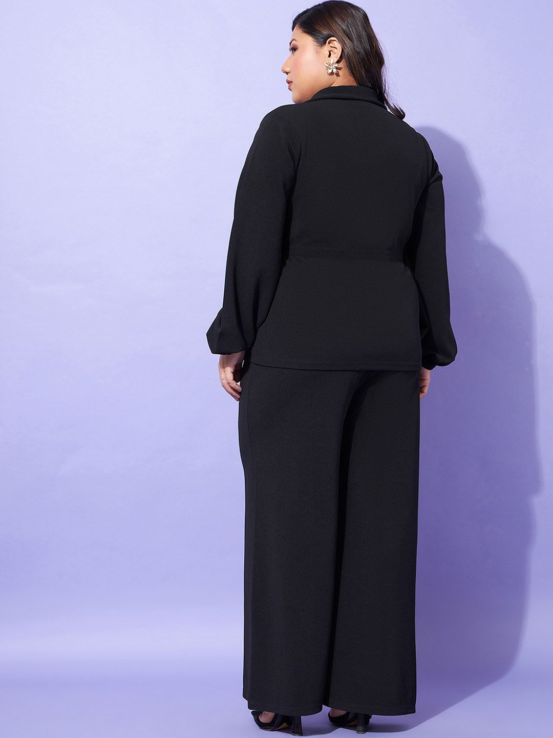 SASSAFRAS Curve Plus Size Lapel Collar Top With Straight Pants Co-Ords