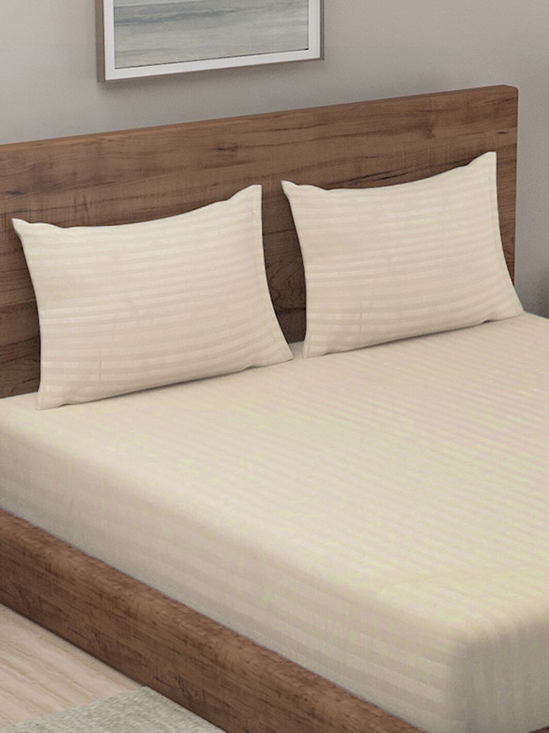 KLOTTHE Cream-Coloured Striped 210 TC King Bedsheet with 2 Pillow Covers