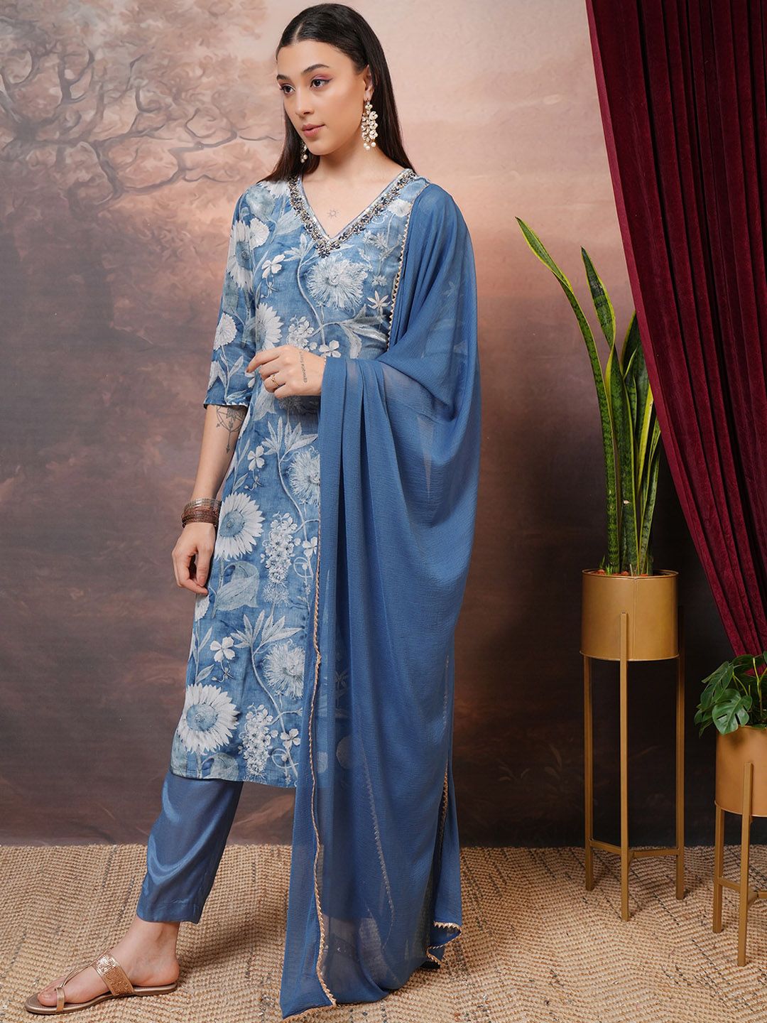 Vishudh Grey Floral Printed Beads & Stones Straight Kurta With Trousers & Dupatta