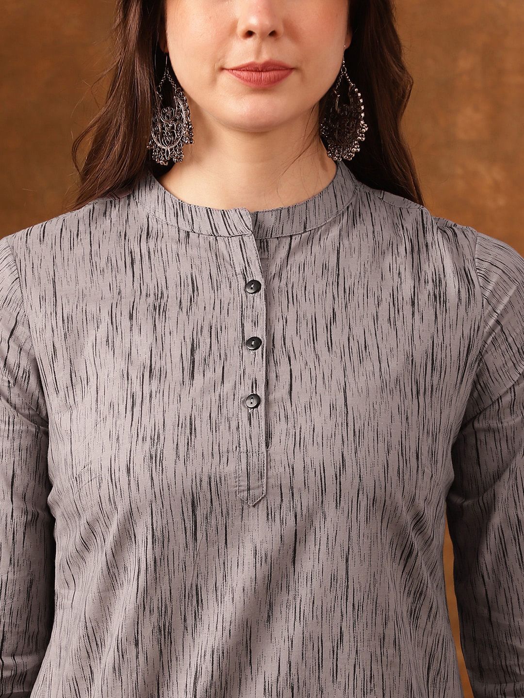 Anouk Grey Abstract Printed Mandarin Collar Cotton Kurta