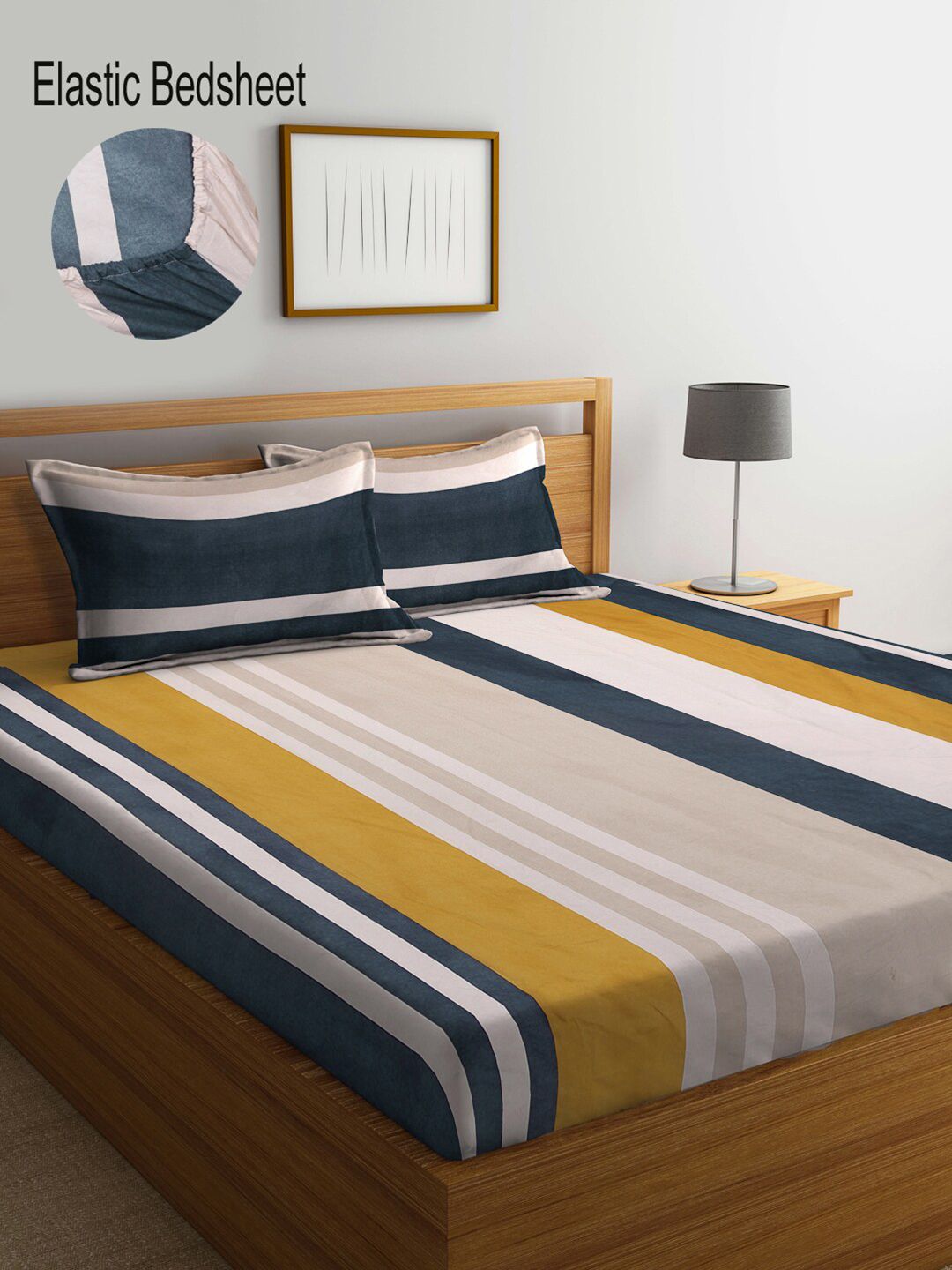KLOTTHE Unisex Multi Striped 300 TC Fitted Super King Double Bedsheet with 2 Pillow covers