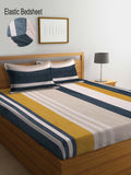 KLOTTHE Unisex Multi Striped 300 TC Fitted Super King Double Bedsheet with 2 Pillow covers