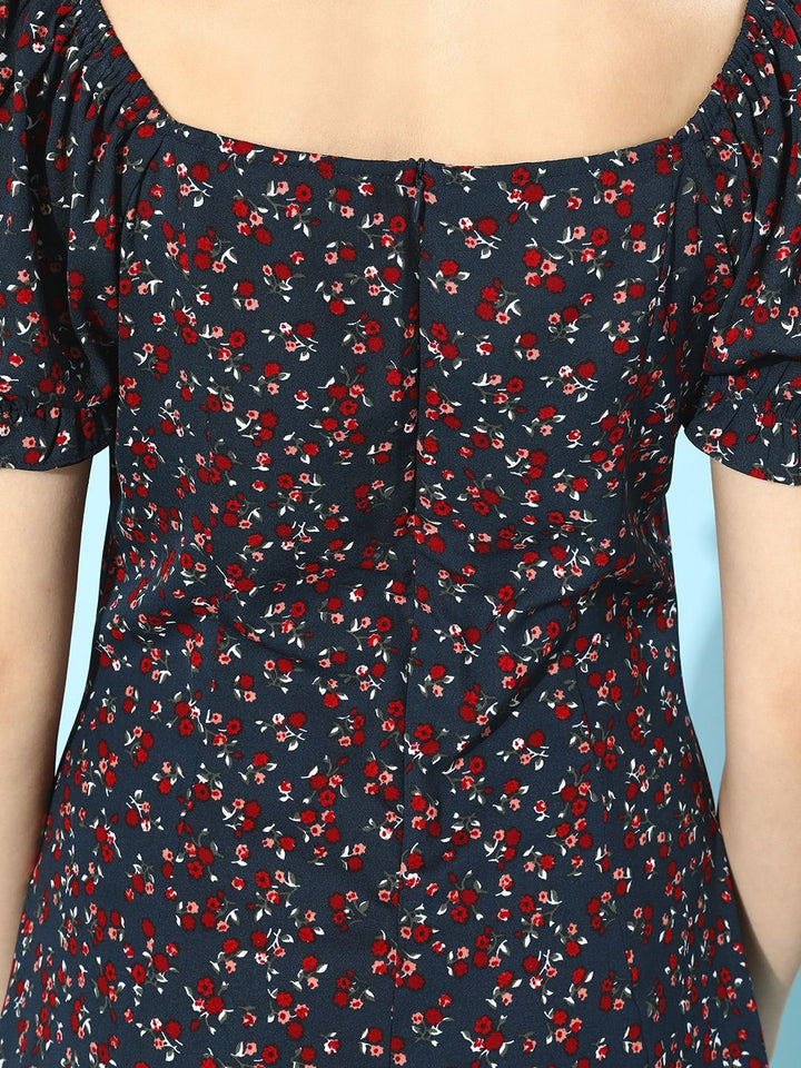 Berrylush Women Deep Navy Blue Floral Puff Sleeves Dress