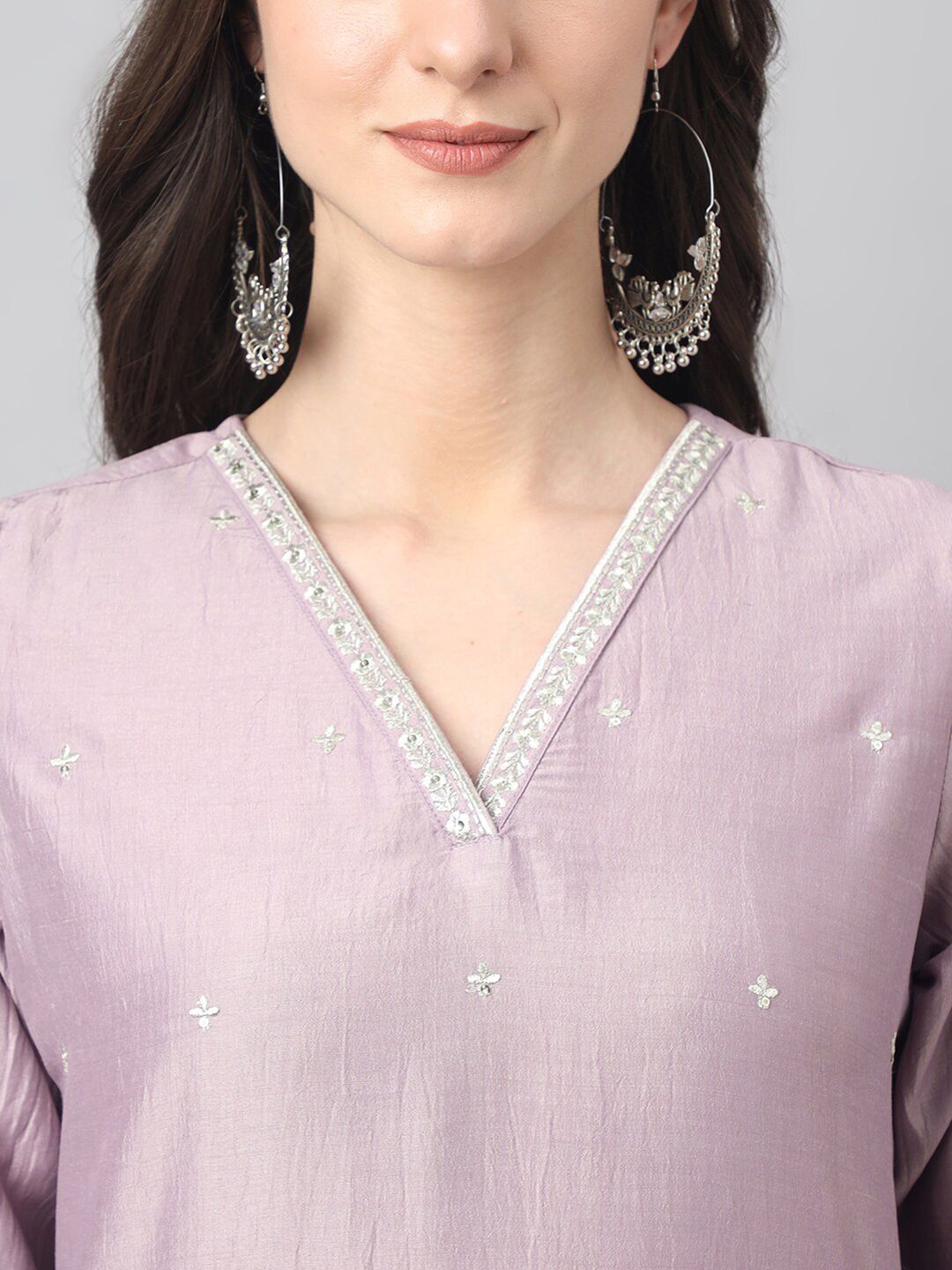 Janasya Women's Lavender Silk Blend Embellished Kurta with Pant and Dupatta