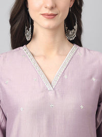 Janasya Women's Lavender Silk Blend Embellished Kurta with Pant and Dupatta