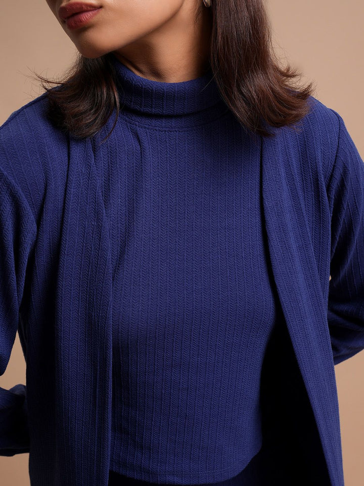 Tokyo Talkies Navy Blue Self Design High Neck Top & Trouser With Shrug Co-Ords