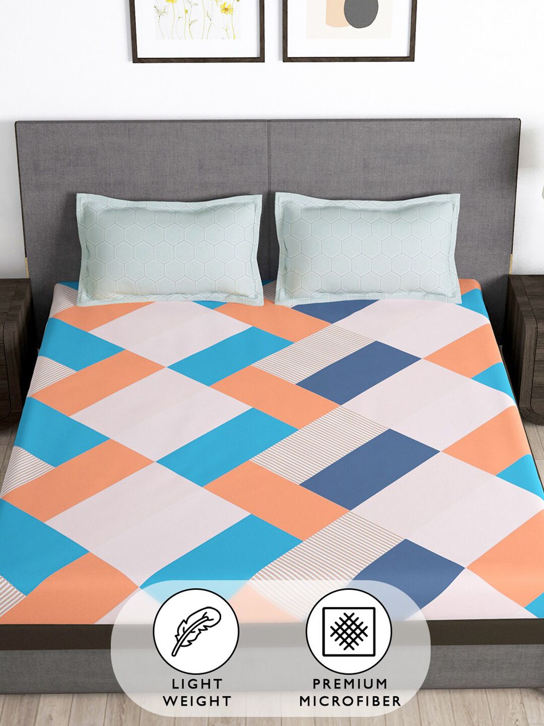 Story@home Peach & Blue Geometric 180 TC Queen Bedsheet with 2 Pillow Covers