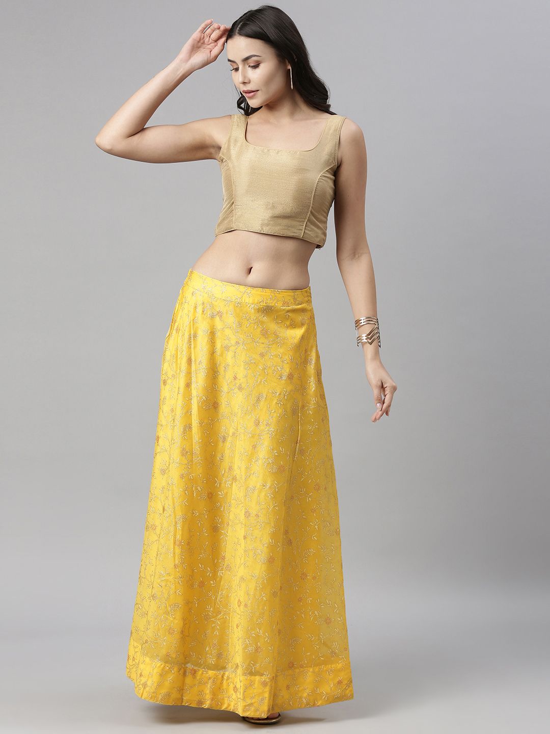 Global Desi Women Yellow Woven Printed Mid Rise Skirt