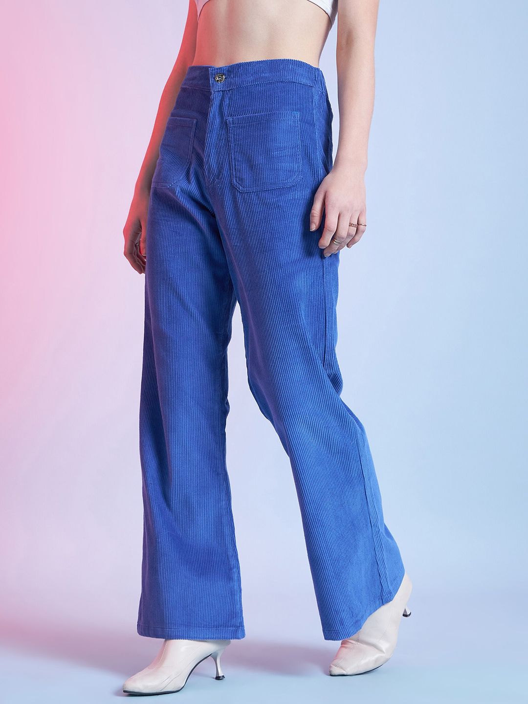 STREET 9 Women Blue Cotton Relaxed Flared Fit Mid-Rise Casual Bootcut Trousers