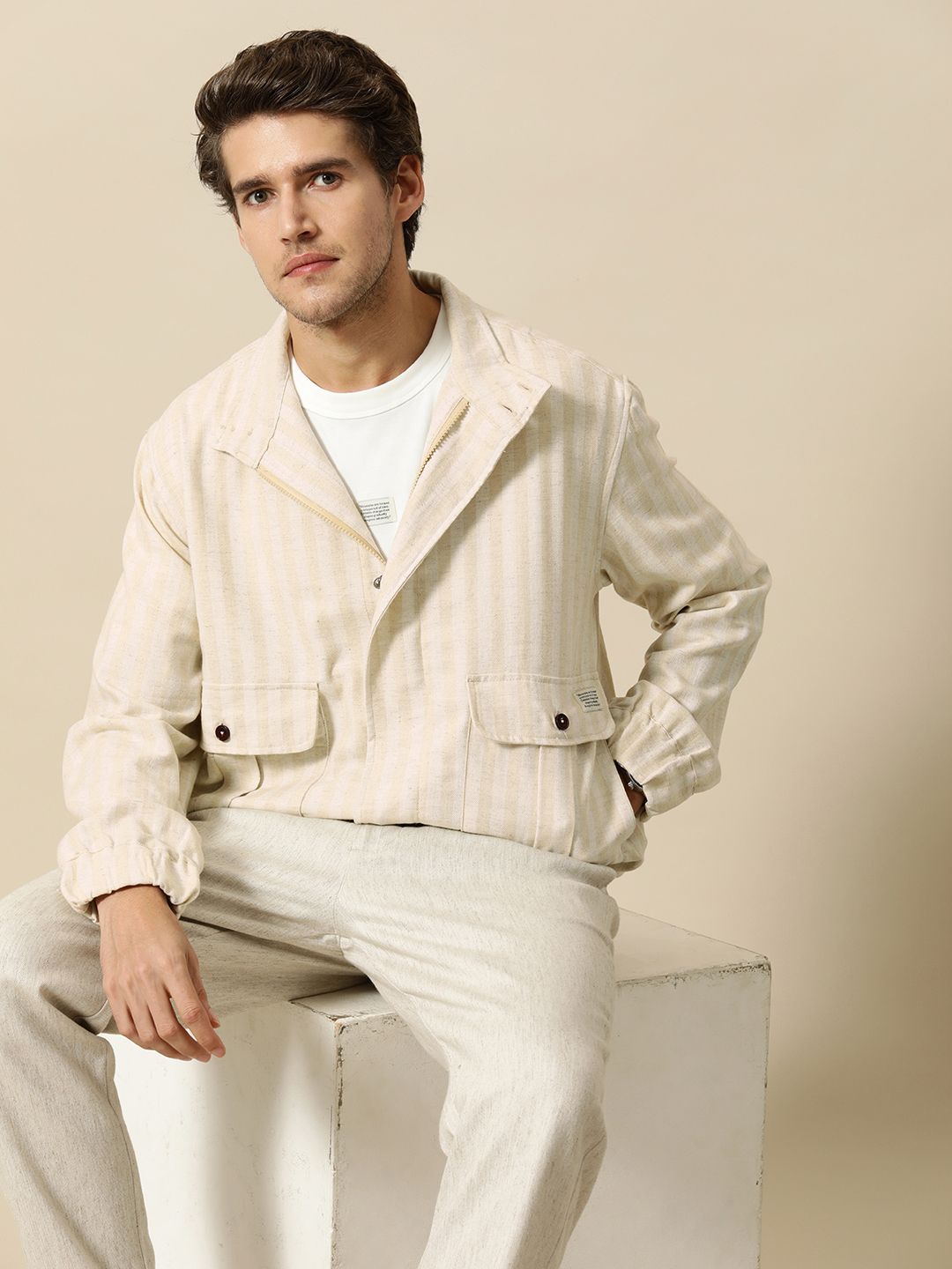 Mr Bowerbird Men Beige Off White Striped Tailored Jacket