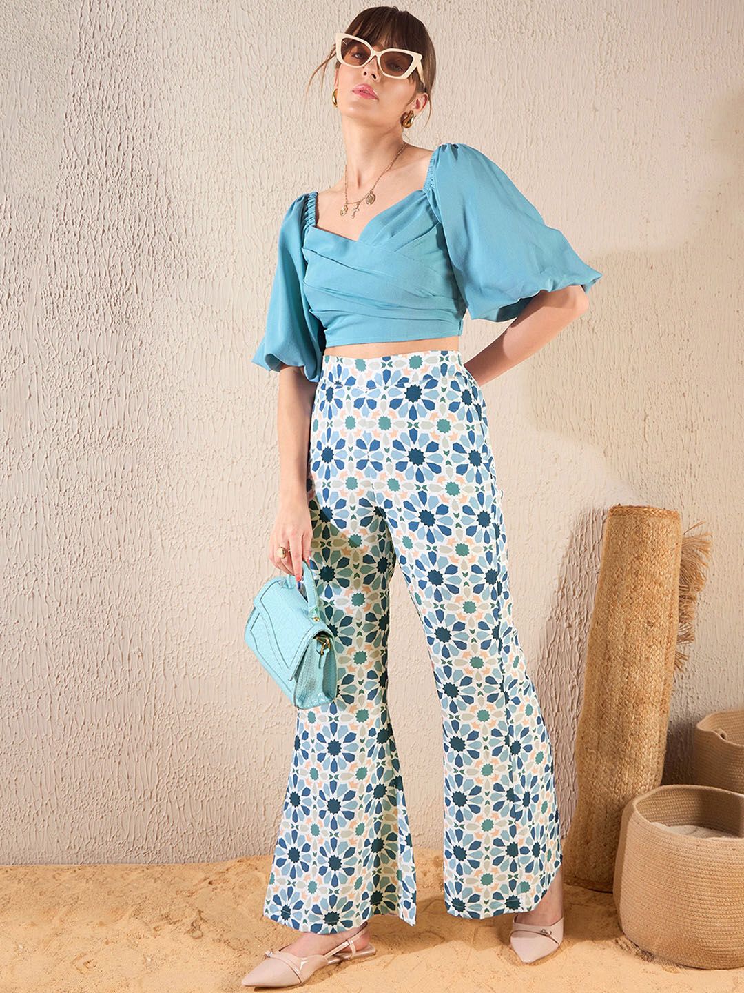 SASSAFRAS Teal Blue Puff Sleeves V-Neck Crop Top & Trouser