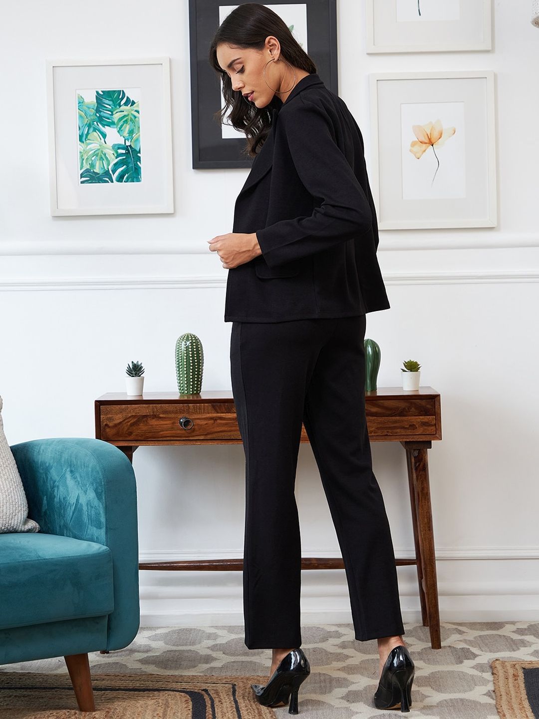 Athena Women Black Solid Top & Jacket With Trouser Co-Ords