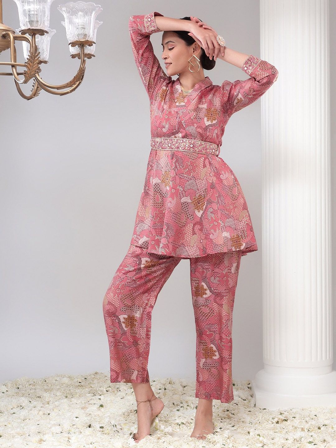Bani Women Abstract Printed Shawl Neck Tunic With Straight Trousers
