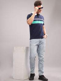ADRO Striped Polo Collar Short Sleeves Pure Cotton Regular T-shirt